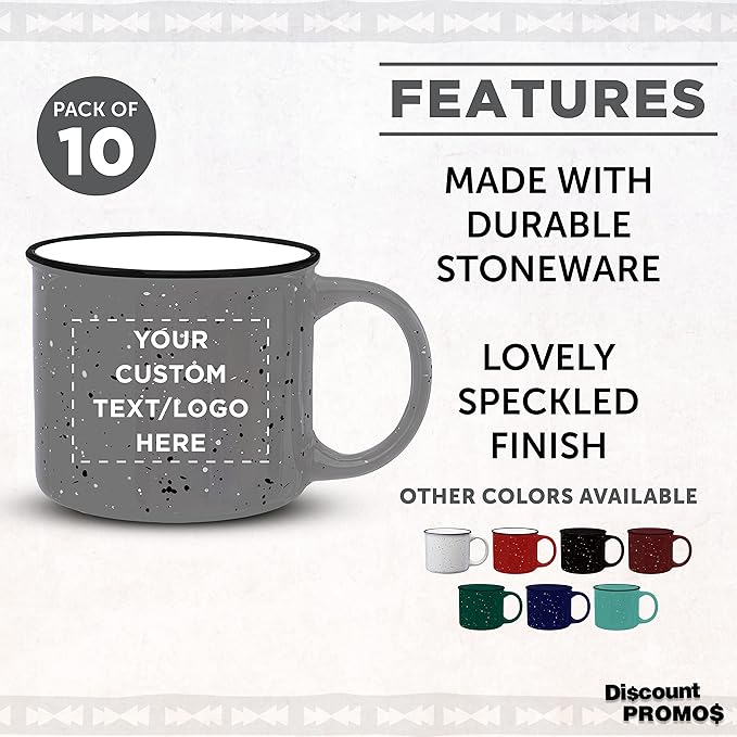 DISCOUNT PROMOS Custom Ceramic Campfire Coffee Mugs 13 oz. Set of 10, Personalized Bulk Pack - Perfect for Tea, Espresso, Cappuccino, Hot Cocoa - Grey