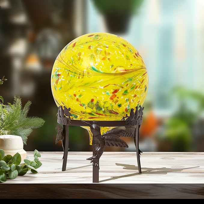Gazing Ball 10 inch Colorful Glass Gazing Ball for Garden Decor, Indoor Outdoor Glass Gazing Globe Yard Decoration, Yellow