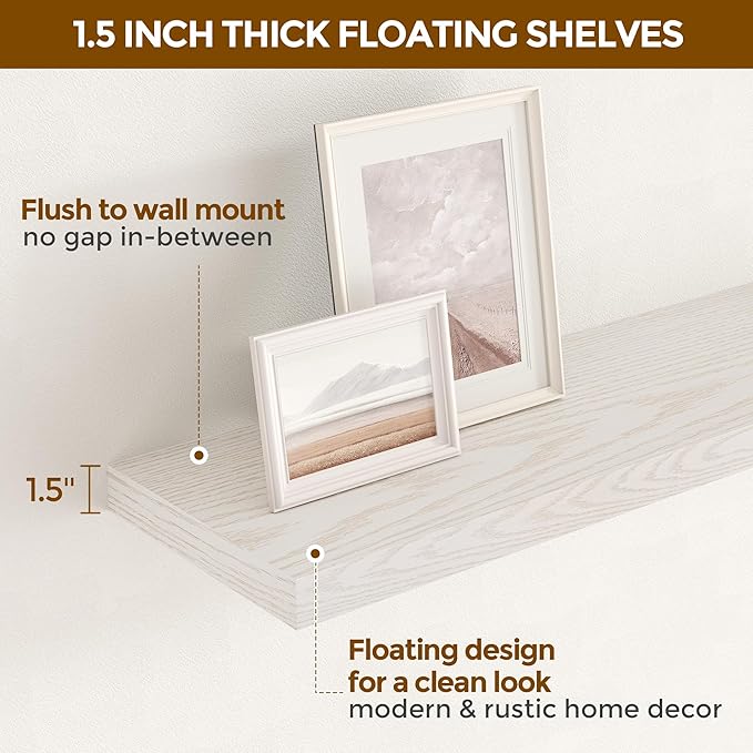 Floating Shelves 48 Inch Long, 48"W x 9"D Wall Shelf Invisible Bracket, 9 Inch Deep Floating Shelf for Wall, Rustic Wooden Shelves for Living Room, Kitchem, Bedroom, Brich Color, Set of 1