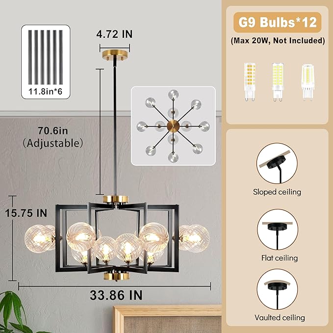 12 Light Black Farmhouse Chandelier Geometric Metal Dining Room Light Fixture Height Adjustable Black Chandeliers for Dining Room Clear Glass Farmhouse Industrial Pendant Lights for Bedroom, Entryway