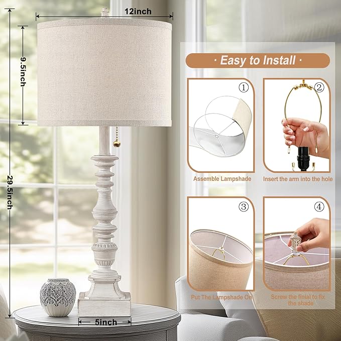 Farmhouse Table Lamps for Bedroom Set of 2, 29.5" Tall Rustic Bedside Lamp with USB Ports and AC Outlet, Vintage Nightstand Table Lamp for Living Room with Linen Drum Shade, White, Pull Chain