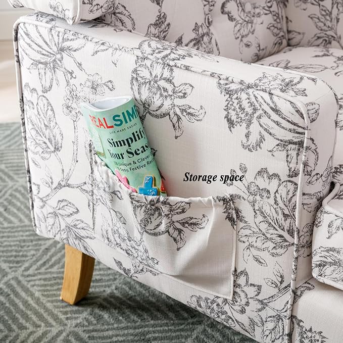 DUOMAY Tufted Accent Chair Set of 2, Modern Linen Upholstered Wingback Side Arm Chair for Living Room Bedroom with Wood Legs, Comfy Reading Guest Chair for Office, Beige Flower Pattern