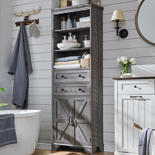 Bathroom Storage Cabinet, 72" Tall Farmhouse Storage Cabinet with 2 Drawers, Adjustable Shelves & Barn Door, Cabinet for Bathroom, Living Room, Kitchen, Grey Wash