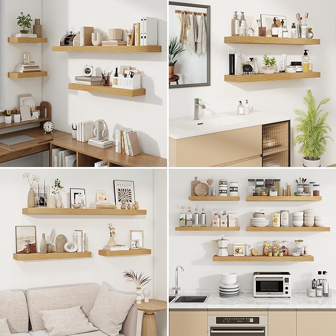 fuqing Floating Shelves for Wall, Bathroom Shelf Wall Mounted for Storage, Shelves with Invisible Bracket for Bedroom, Kitchen, Living Room, Farmhouse Small Book Shelf, 48 Inch Set of 2, Oak