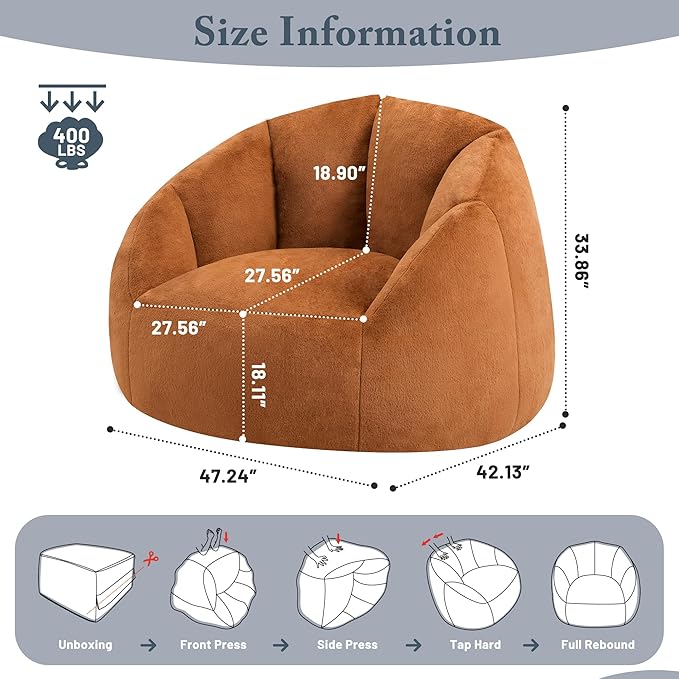 Giant Bean Bag Chair for Adults - Comfy Plush Round Shell Soft Reading Chair, Oversized Cozy Lounge Floor Sofa Accent Chair, Mini Couch for Living Room, Bedroom & Game Rooms, Orange