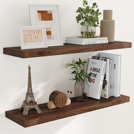 40 Inch Floating Shelvese, 40" W x 9" D Floating Shelf Set of 2, Farmhouse Wood Wall Shelves for Bedroom, Kitchen, Wall Mounted Deep Shelving for Home Decor, Walnut Color