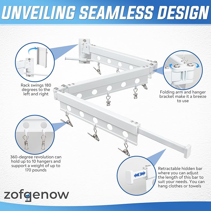 Clothes Drying Rack Wall Mounted, Retractable Space-Saving Foldable Laundry Drying Rack for Indoor & Outdoor Use - Laundry Rooms, Bathroom & Balconies,Includes 10 Clothespins(White)