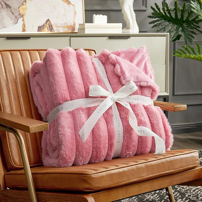 Cozy Bliss Faux Fur Throw Blanket for Couch, Cozy Warm Plush Striped Blanket for Sofa Bedroom Living Room,50 * 60 Inches Hot Pink