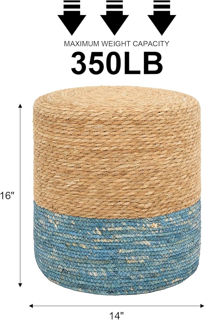 16'' Round Ottoman Natural Seagrass Braided Poof Hand Weaving Round Ottomans Boho Footrest Stool for Home Living Room Bedroom Patio(Natural&Blue)