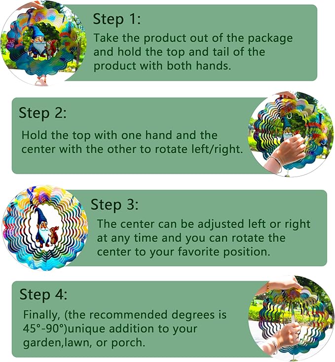 Gnomes Hanging Wind Spinners,12 Inch 3D Garden Spinner Kinetic Art Garden Decorations，Stainless Steel Reflective Wind Spinners for Yard