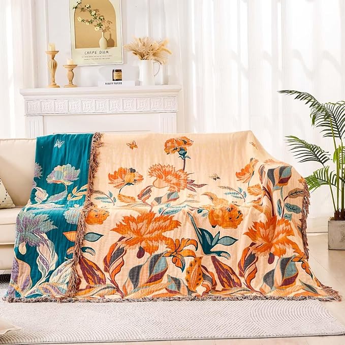 Boho Throw Blanket for Bed, 100% Cotton Soft Rustic Quilt Fall Blanket, 90"x98" Floral Printed Farmhouse Decor Bed Blankets, All Season Rustic Reversible Bohemian Throw Quilt