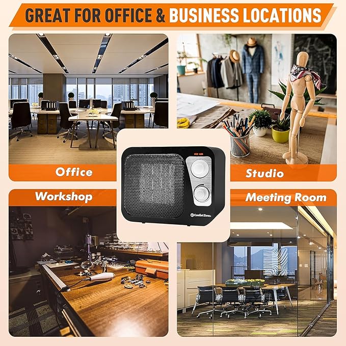 Comfort Zone Space Heaters for Indoor Use, Portable Heater, Fast Heating, Electric Heater, Thermostat, Retro Design, Bedroom Heater with Overheat Protection, Safety Tip-Over Switch 1,500W, Black