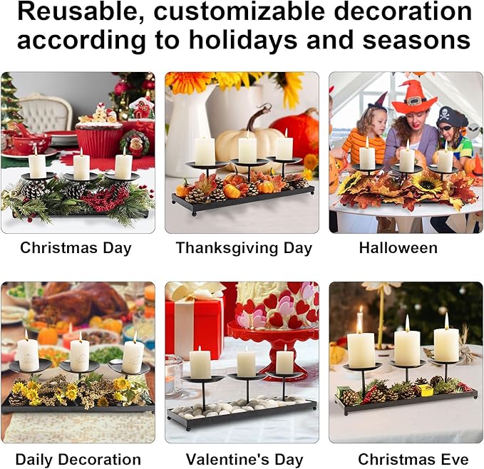 3 Pillar Black Metal Candle Holders for Table Centerpiece, Fall Thanksgiving & Halloween Dining Table, Fireplace Mantel Decor, Tray Candlestick for Living Room Rustic Decorations