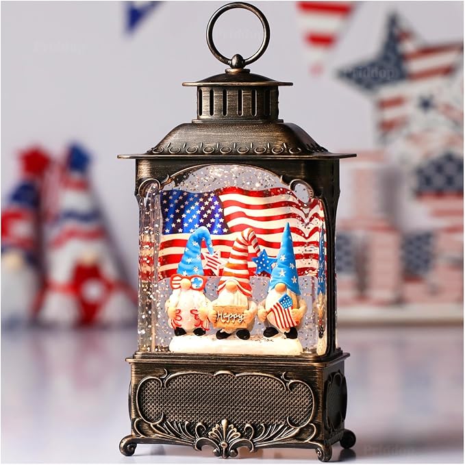 Gnome Snow Globe Lantern 4th of July Decorations with Timer, USB and Battery Powered 4th of July Shirts Patriotic Gnomes and American Flag Independence Day 10.2 inch