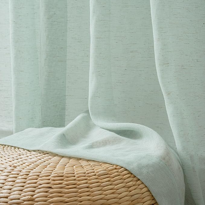 FMFUNCTEX Linen Sheer Curtains for Bedroom, Sage Green Curtains 63 Inch Length for Living Room, Farmhouse French Flax Blend Window Draperies, Rod Pocket 2 Panels Set