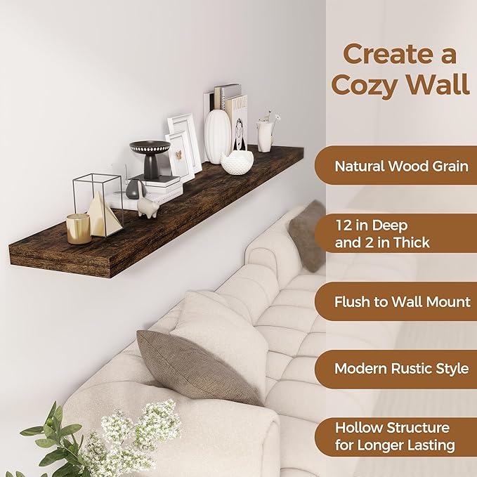 Fun Memories 72 Inch Floating Shelf, 12 Inch Deep Wall Shelf for Fireplace Mantel, Deep Storage Shelves for Home & Office, Wall Shelves with Invisible Bracket, Rustic Brown, Set of 1