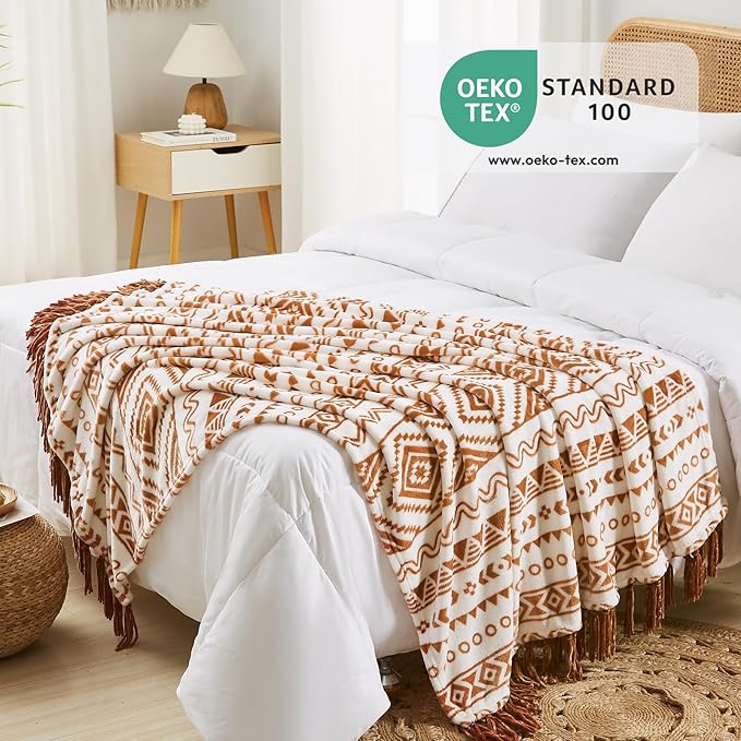 CASAAGUSTO Boho Throw Blanket - Terrcotta Decorative Blankets with Tassel, Printed Flannel Bohemian Blanket for Chair, Bed, Sofa, Couch(60 * 80, Terrcotta)