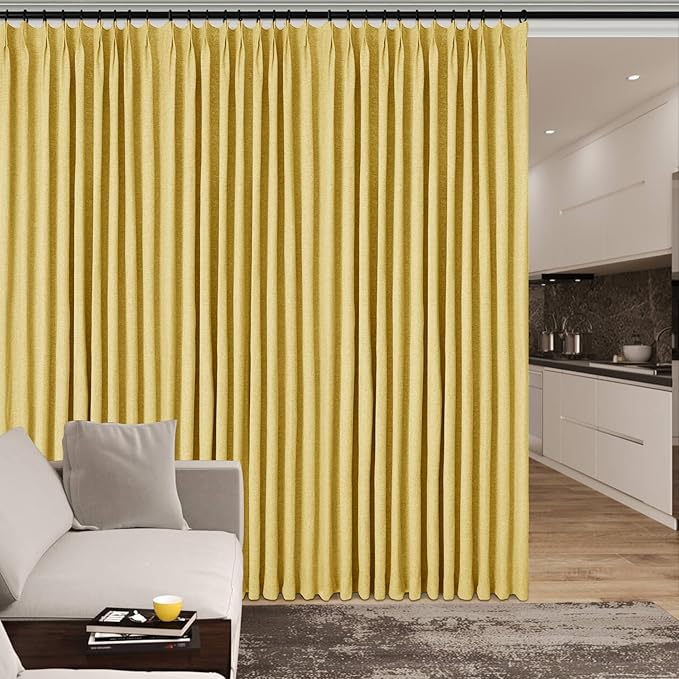 100% Blackout Linen Textured Drapes for Bedroom Pinch Pleated Curtains for Track System Portable Drapery for Sliding Glass Door/Storage/Space Room Divider, 70" Wx96 L, 1 PC, Yellow