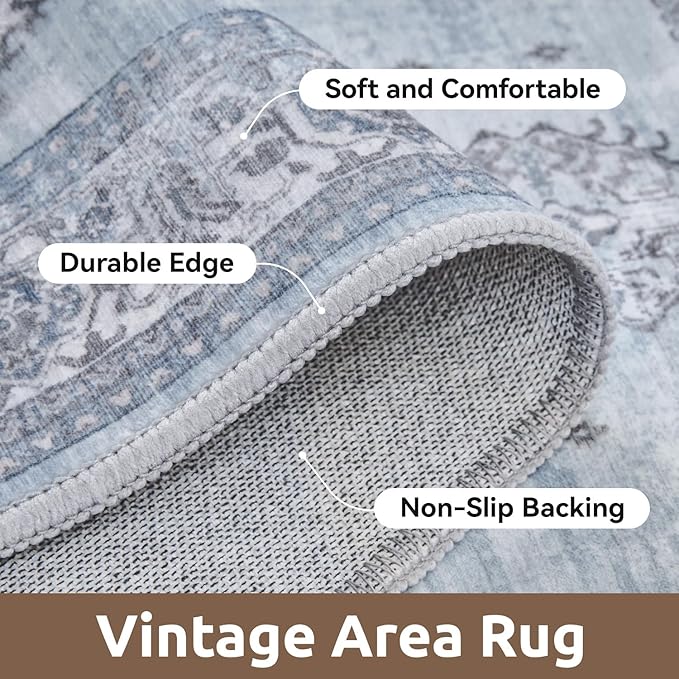 AMOAMI-Vintage Area Rug 8X10 Blue Rugs for Living Room-Soft Living Room Rug Non Slip Rugs for Bedroom Carpet Machine Washable Rug for Dining Room Bedside Office Room Decor