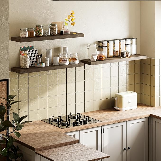 BAMEOS Floating Shelves, Wall Mounted Wooden Shelves with Invisible Brackets Set of 3, Hanging Wall Shelves Decoration for Bedroom, Bathroom, Living Room and Kitchen