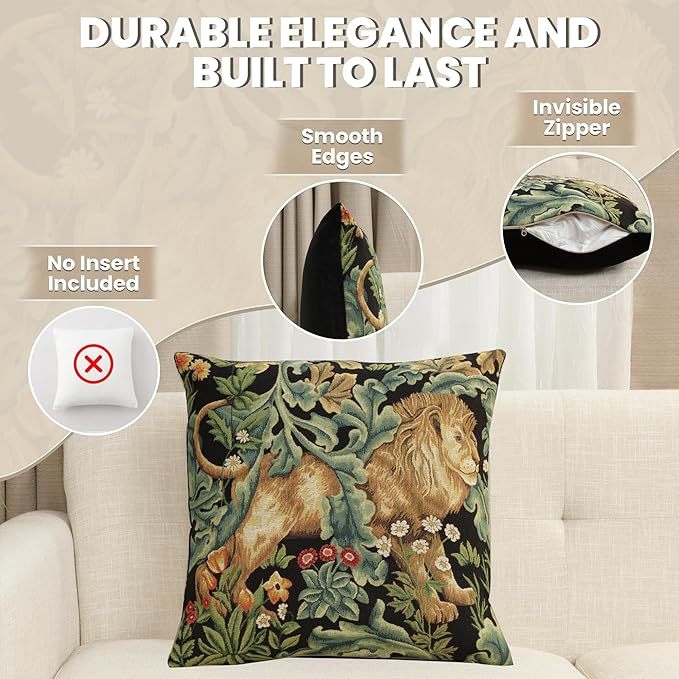 Charlotte Home Furnishings Throw Pillow Covers, Decorative Boho Pillow Covers for Couch, Living Room, Black Lion Square Cushion Cases 18x18 in, European Cotton Jacquard Woven for Cozy Bedroom Decor