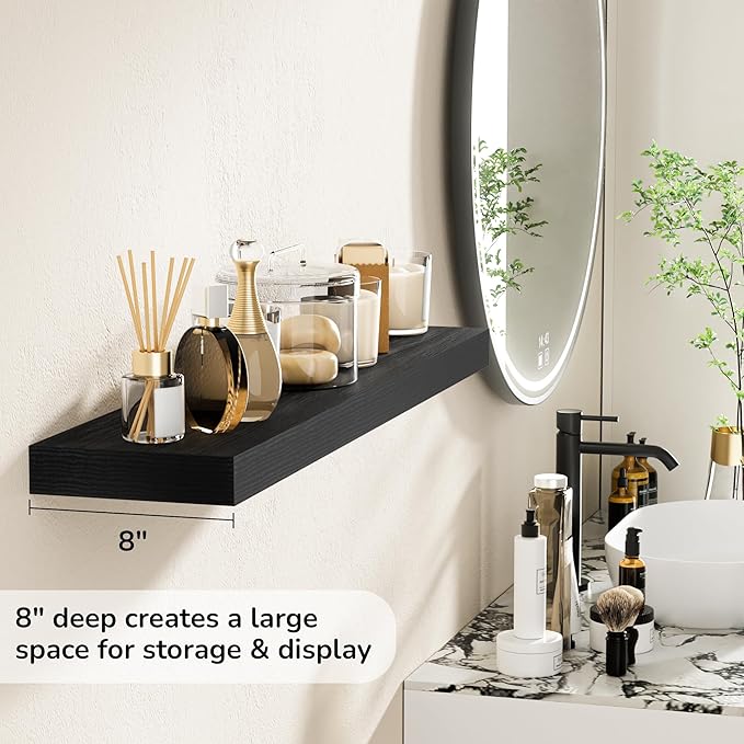 Fun Memories 36 Inch Floating Shelves - Deep Rustic Black Wooden Wall Shelves - Extra Deeper & Thicker Wall Mounted Storage Shelf for Bedroom, Kitchen, Farmhouse - 2 Pack, Rustic Black