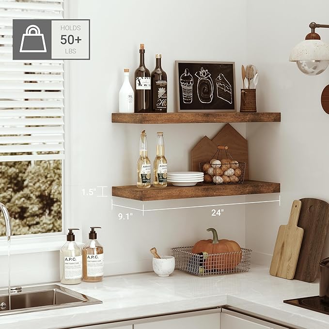 Floating Shelves for Wall 24 inchs Long, 9.1” Deep x 1.5” Thick Wall Shelves for Bedroom, Living Room, Bathroom，Kitchen, Office, Rustic Farmhouse Shelf Decor with Invisible Bracket, Set of 2