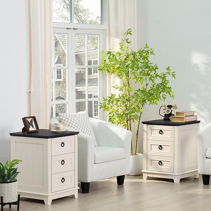 Farmhouse Night Stand Set of 2, 18" End Table with 3 Drawer Metal Handle, Dresser for Bedroom, Sofa Bed Side Table Chest of Drawers,Wood Nightstand Cabinet for Organizer, Living Room-White
