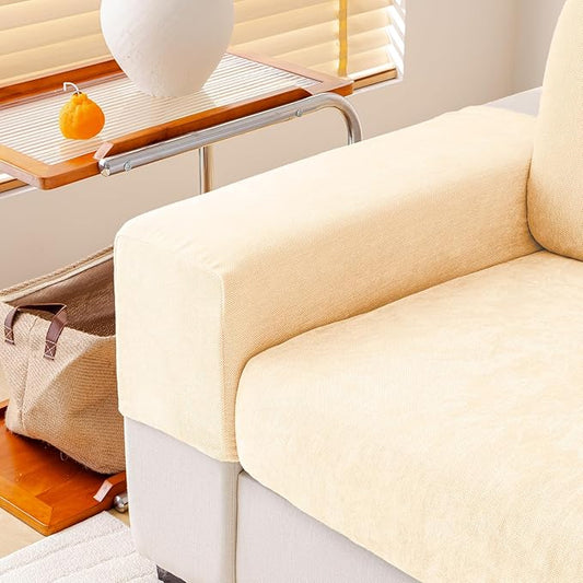 Chenille Sofa Armrest Covers, Soft Stretch Non-Slip Couch Arm Covers for Sofa, Chair or L Shaped Sectional, Furniture Protector (2 Pieces, Beige)