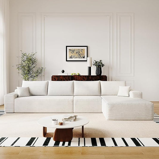 136" Sectional Couches for Living Room Modern Modular Sofa with L-Shape Couchs Upholstered Boneless Couch Deep Seat Sectional Couch with Chaise (White, Right Facing Chaise+3Seaters)