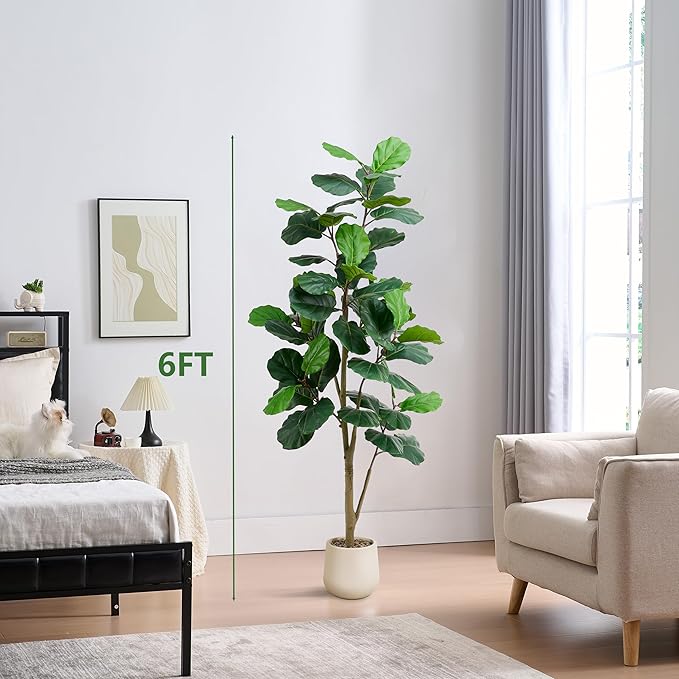 Artificial Fiddle Leaf Fig Tree, 6FT Tall Faux Ficus Lyrata Fake Tree in White Pot, Artificial Tree Indoor Decor, Fiddle Leaf Fig Tree Fake Plant for Home Office Living Room Decoration Modern