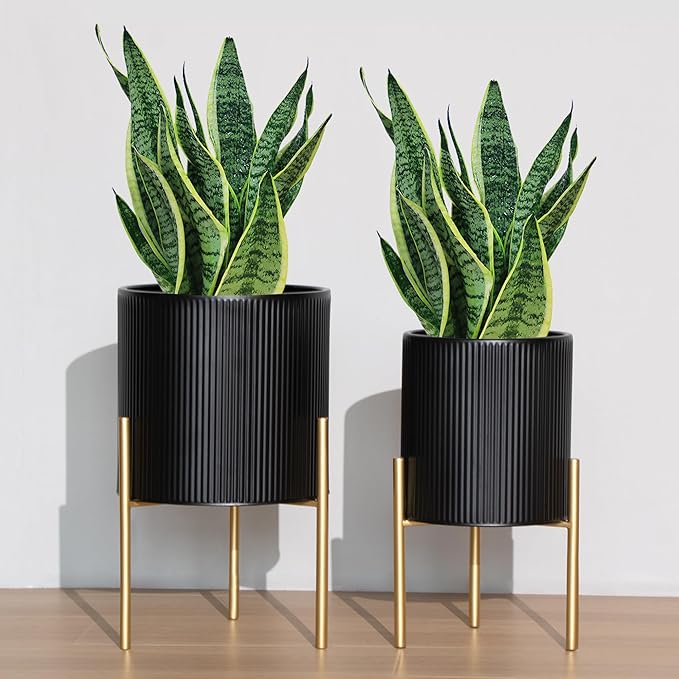 ARNIS Modern Planter Pots, Set of 2 Round Large Planters with Stand, Decorative Planters, Metal Pots with Drainage Holes for Living Room, Office, Garden or Balcony, 8.25 &10.5 Inch, Black & Gold