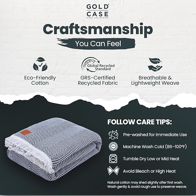 Gold Case Throw Blanket for Bed – 100% Recycled Turkish Cotton Bed Blanket – Decorative Throw Cotton Blankets for Living Room & Bedroom – Elegant Navy Blue Woven Queen Blankets – 90x90