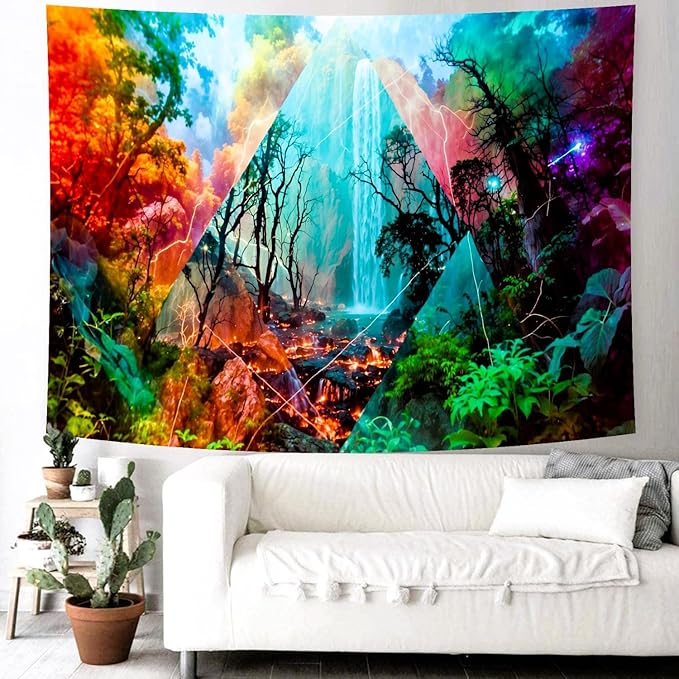 Delur Forest Tapestry Waterfall Mountain Rainforest Sunset Nature Tree Tapestry Wall Hanging Scenic Tropical Landscape Natural Sunrise Headboard for Bedroom Living Room Home Decor (70.8" x 92.5")