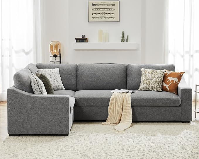 112" Convertible Sectional Sofa, Large L Shaped Couch with Detachable Sofa Cover, Modular Couch for Living Room, Breathable Linen Fabric Corner Sofa for Apartment, Grey