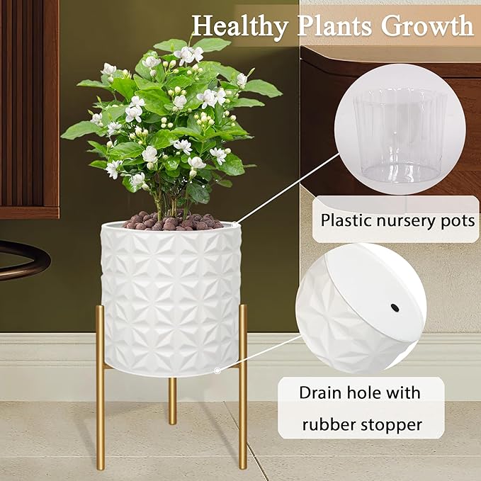 ARNIS Modern Planter Pots, Set of 2 Large Planters with Stand, Decorative Planters, Metal Pots with Drainage Holes for Living Room, Office, Garden or Balcony, 10.5 &12.25 Inch, Matte White