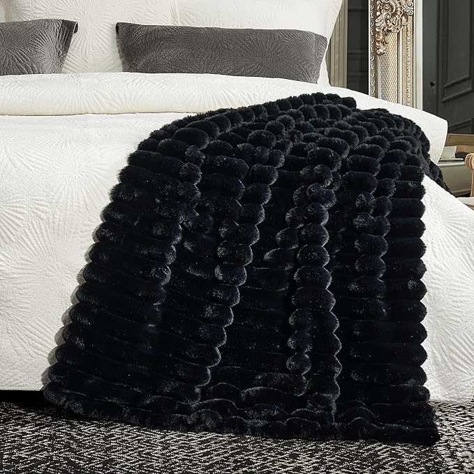 Cozy Bliss Faux Fur Throw Blanket for Couch, Cozy Warm Plush Striped Blanket for Sofa Bedroom Living Room,50 * 60 Inches Black