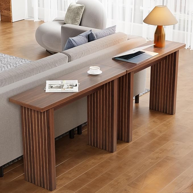 AVZEAR Mid Century Narrow Entryway Console Table, 43.3" Fluted Wood Couch Table Behind Sofa Long and Skinny for Living Room Hallway Entrance Foyer, Walnut