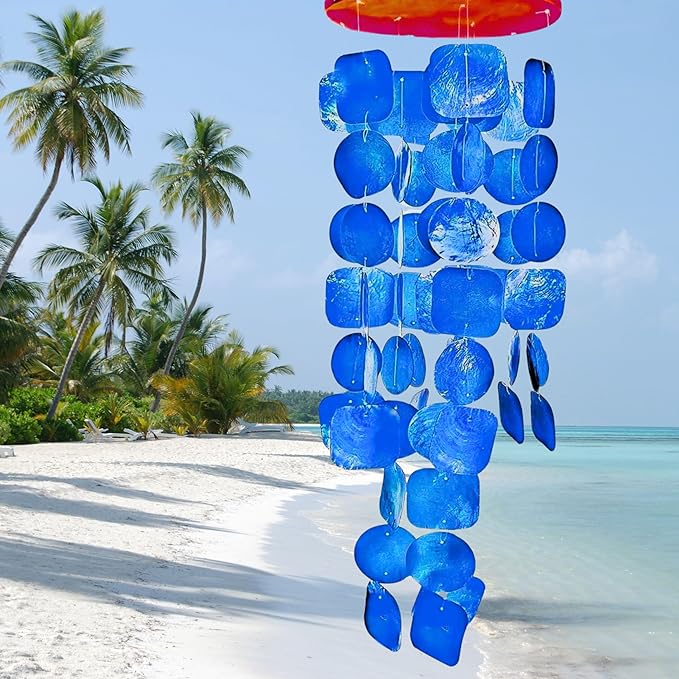 Bellaa 27918 Wind Chimes Outdoor, Garden Decorations, Musical, Indoor/Outside Windchimes, Beach, Ocean Breeze, Gifts for Mom, Gift for All Occasions, Capiz Sea Glass Shells Wood Blue 27 inch
