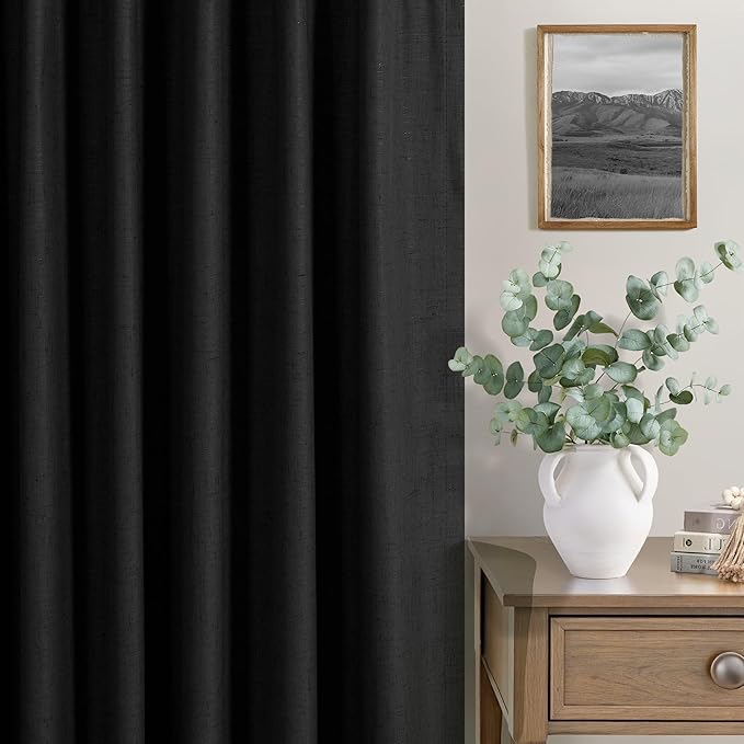 Black Blackout Curtains 84 Inches Long 100% Black Out Linen Farmhouse Light Blocking Curtain for Bedroom Living Room Darkening Back Tab Thermal Insulated Drapes Sliding Glass Door 7ft Length 2 Panel