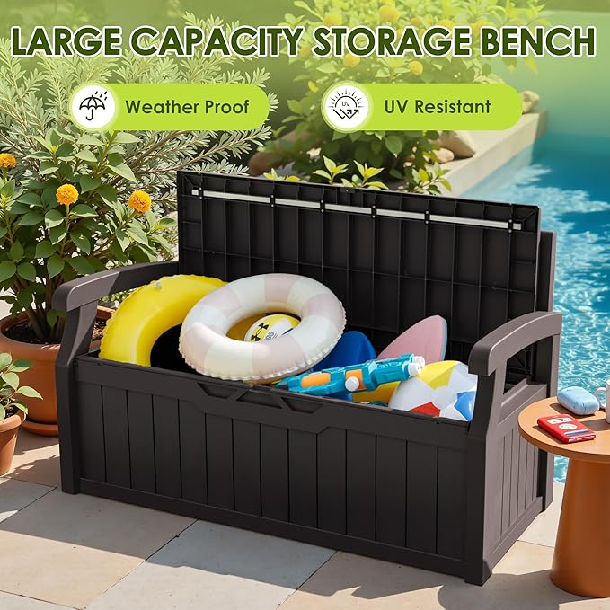 Greesum 80 Gallon Outdoor Storage Bench, Resin Patio Furniture with Armrest,Waterproof and UV-Resistant, Perfect to Garden, Poolside and Lawn, Dark Brown