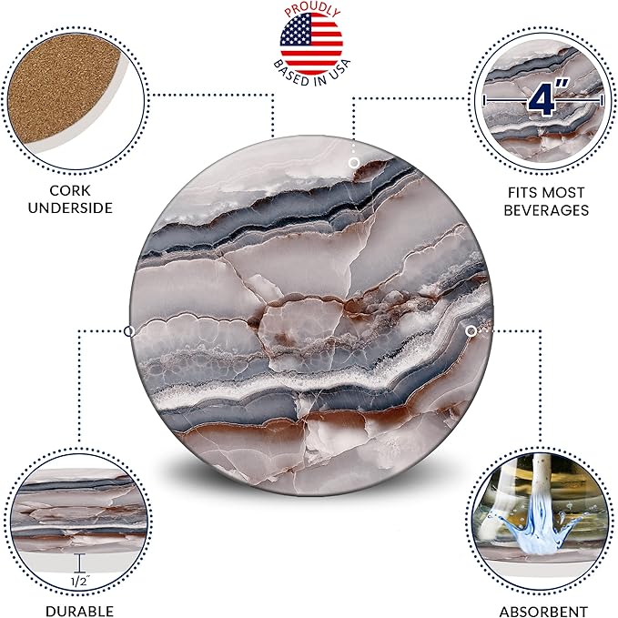 Emerson Coasters for Drinks Absorbent – Natural Stone Drink Coasters Set with Holder, Coasters for Coffee Table, Wooden Tabletop Protection Marble Style – 100% Heavy Duty, Set of 6 (Onyx)