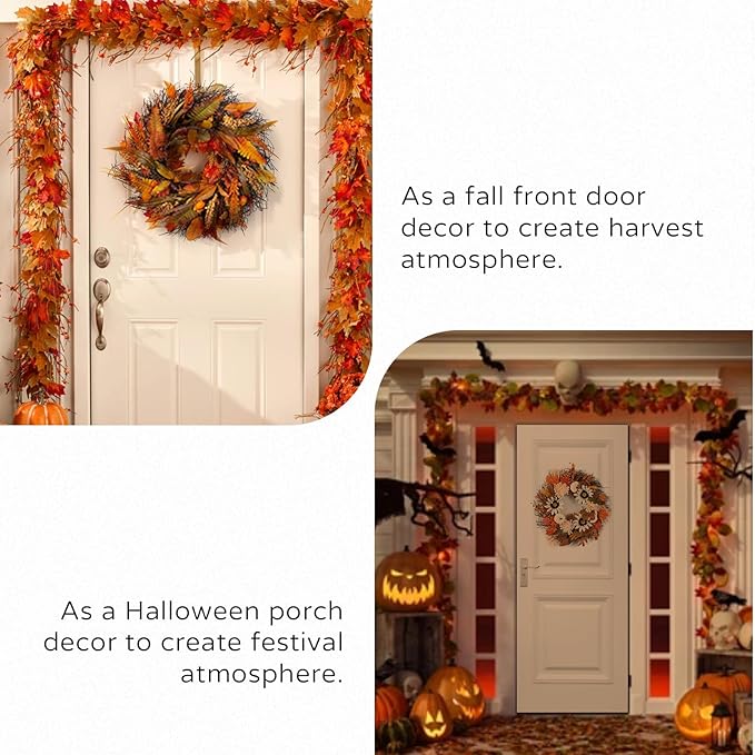 Fall Wreaths for Front Door Decor - Walasis 20 Inch Thanksgiving Wreath with Maple Leaves White Pumpkin Daisy Sunflower Wreath Autumn Harvest Decorations for Table Front Porch
