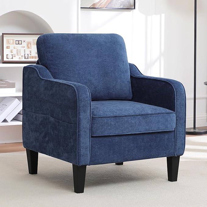 Accent Chairs Set of 2, Upholstered Living Room Chairs with Side Pockets, Mid Century Modern Reading Chair for Bedroom, Comfy Armchair Single Sofa Side Chair for Office, Small Room, Blue