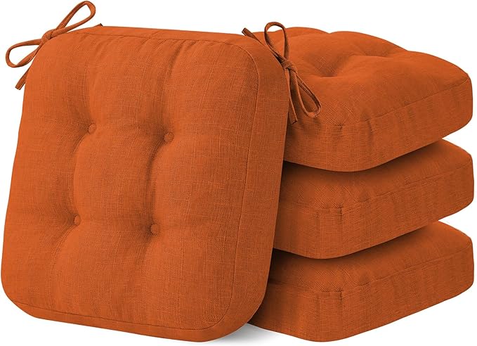 Chair Cushions for Dining Chairs, Dining Chair Cushions, Tufted Indoor Chair Pads with Ties & Non Slip Backing, Seat Cushions for Kitchen Chairs 16.5” x 16.5” x 3.5”, Set of 4, Orange
