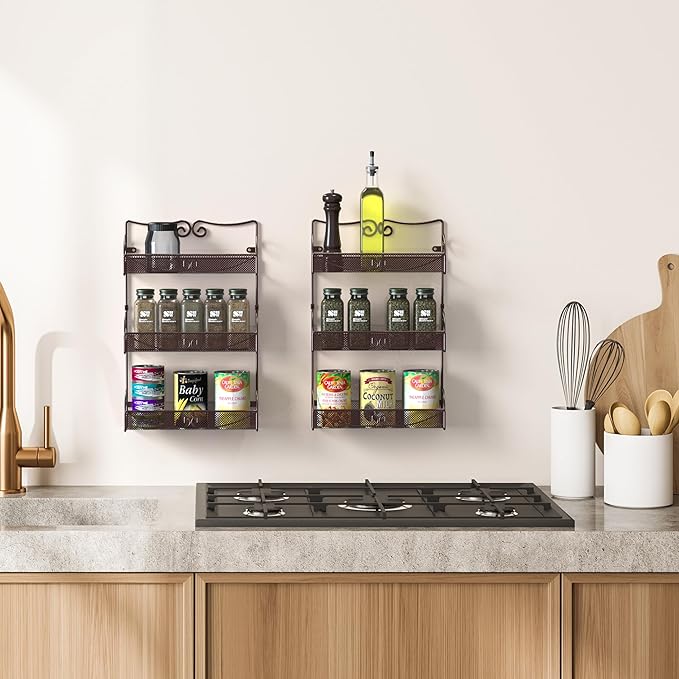 Deco Brothers 3 Tier Wall Mounted Spice Rack, 2 Pack, Bronze