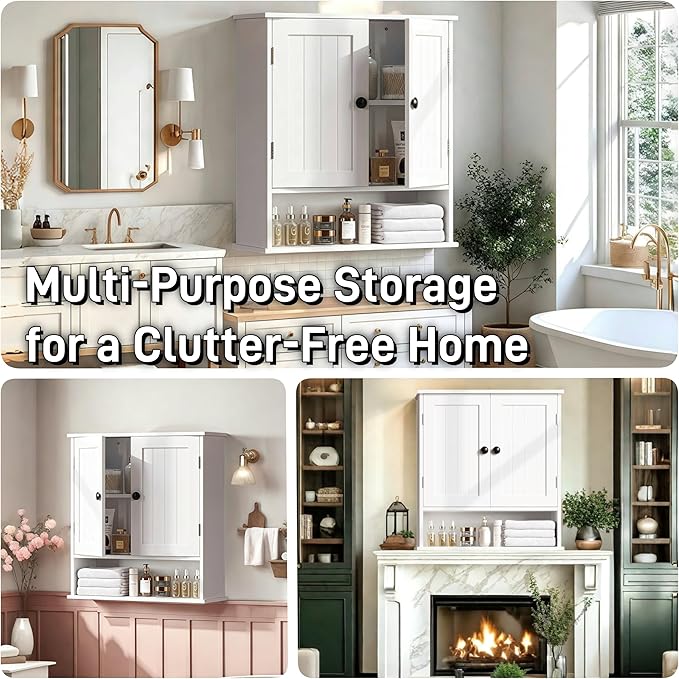 Bathroom Cabinet Wall-Mounted, White Storage Cabinets with Adjustable Shelves, Space-Saving Organizer with 2 Doors for Bathroom, Laundry, Kitchen - Moisture Resistant & Easy Install