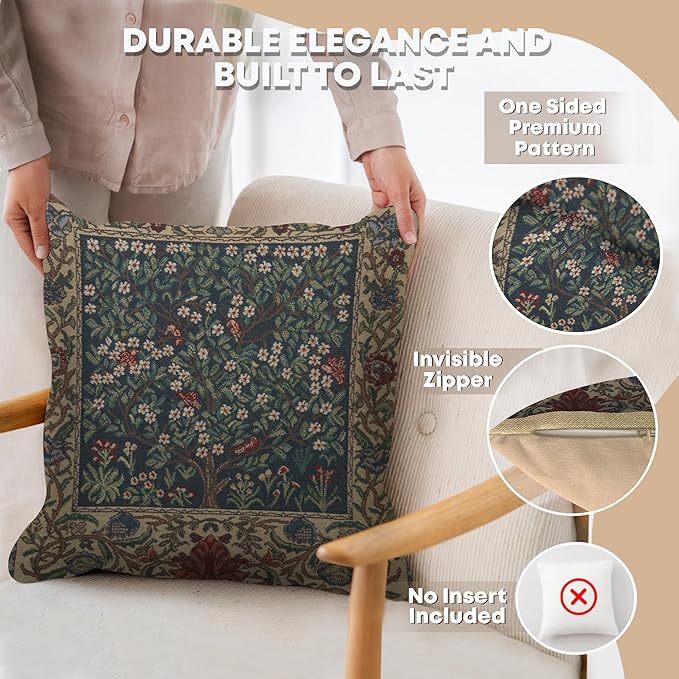 Charlotte Home Furnishings Throw Pillow Covers 16x16 in, Green Tree Decorative Couch Pillow Covers, Boho Decor European Tapestry Cushion Cases, Living Room Cozy Home Decor, Jacquard Woven Soft Cotton