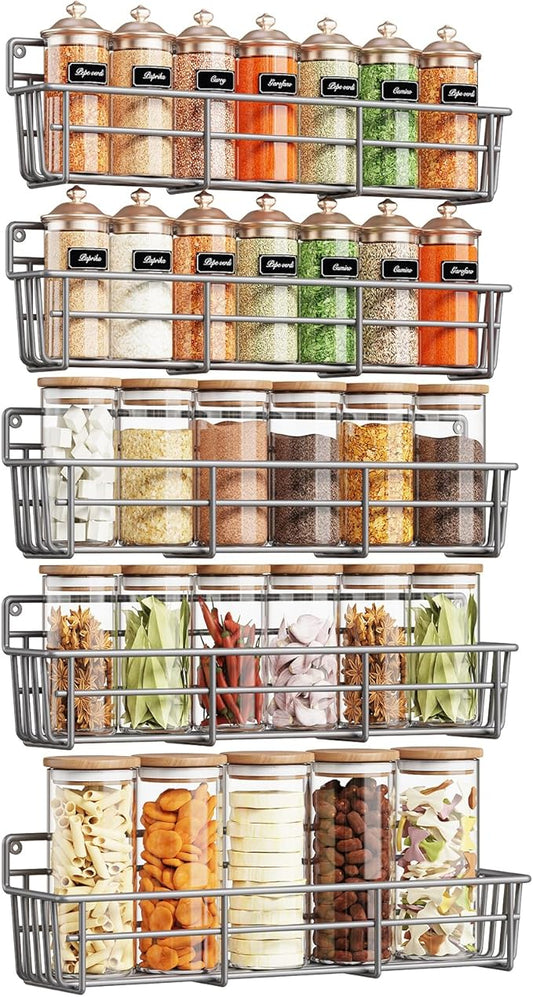 5 Pack Spice Rack Seasoning Organizer Wall Mount, Screw or Adhesive Hanging Shelf Basket Spice Organizer Shelf for Kitchen, Gray
