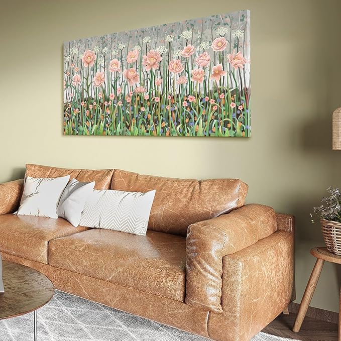 amatop Large Floral Wall Art Modern Abstract Flower Field Canvas Picture Botanical Artwork Rustic Wall Decor for Living Room Bedroom Pink Green Blooming Wildflower Forest Nature Art Print 48x24in